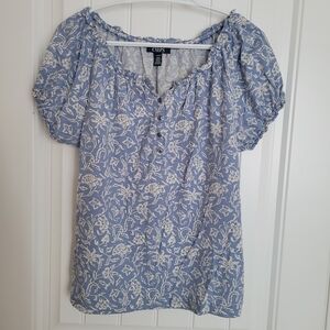 Chaps Light Blue and White Floral Blouse
